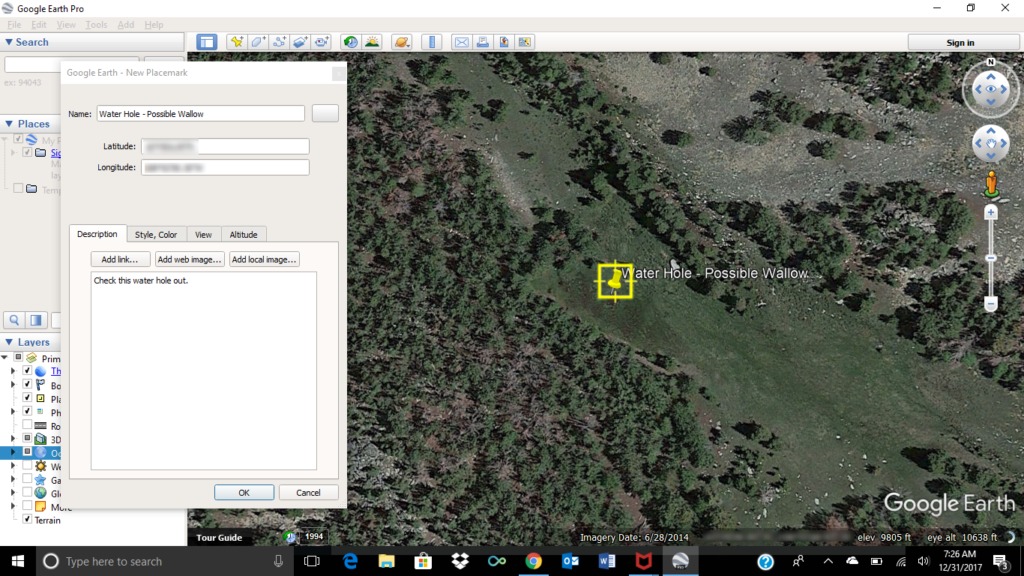 E-Scouting for Elk with Google Earth - Possible Water Hole Placemark