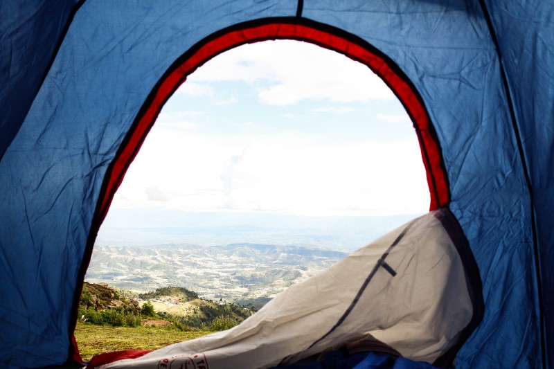 tent zipper open looking over mountain